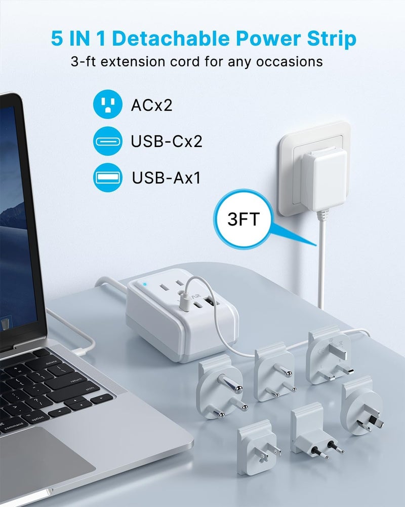 VINTAR Universal Travel Adapter Kit, 3ft Detachable Extension Cord with 2 AC Outlets & 3 USB(2 USB C), Type A/C/G/D/I/M International Power Adaptor for US to Europe UK India South Africa Japan - Image 4